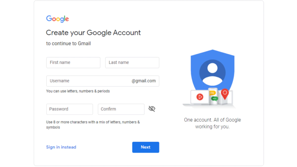 Creating New Account in Gmail